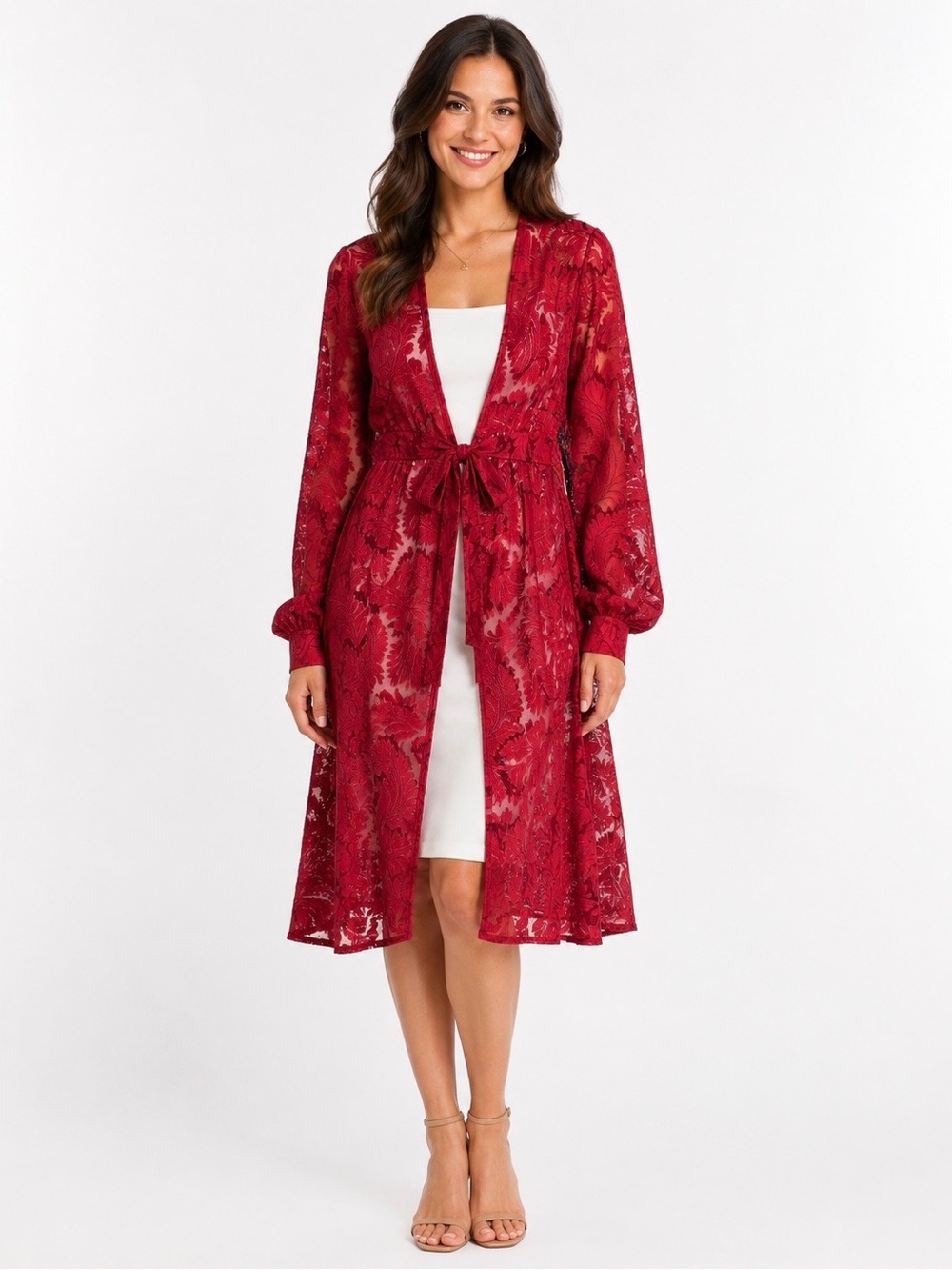 Amber Skies Red Floral Lace Duster Kimono Tie Waist Size Small